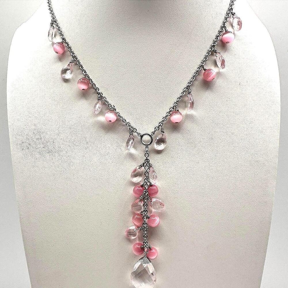 Vintage 90 Silver-Tone Pink & Clear Bead Y-Drop Dangle Necklace Jewelry